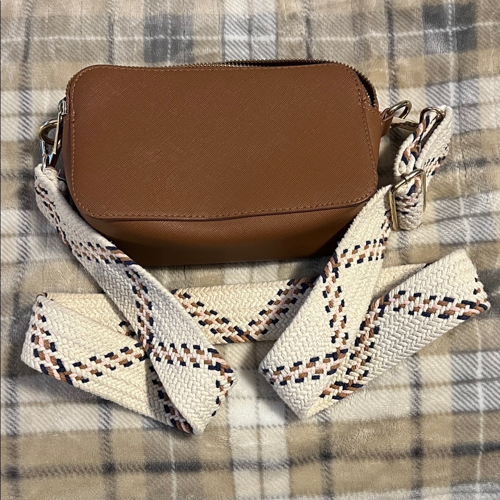 Brown Crossbody Camera Bag with Patterned Strap